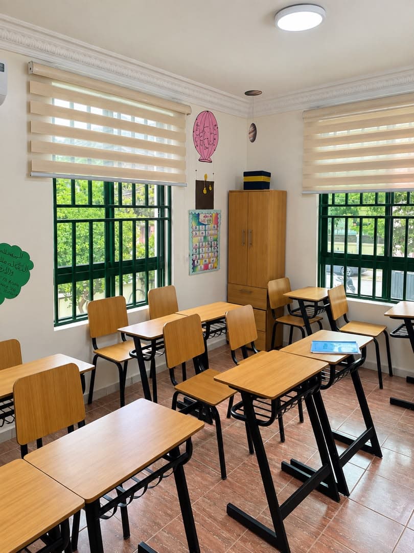 A classroom with rows of wooden desks, tall windows with blinds, a learning chart and green paper leaves on the wall.